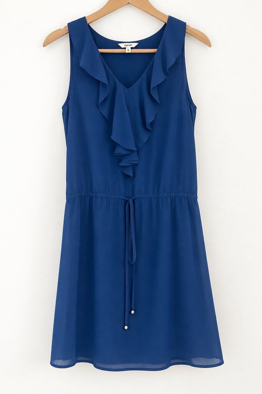 Noroh Blue Ruffle V Neck Dress Women’s S Tie Waist Romantic Feminine Chiffon